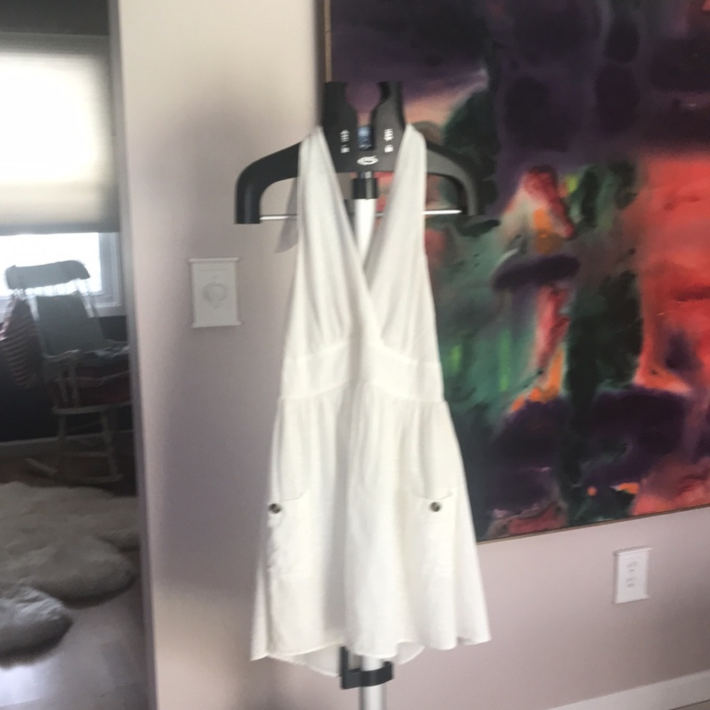 American Eagle white gauze -like cotton halter summer sun dress front pockets L